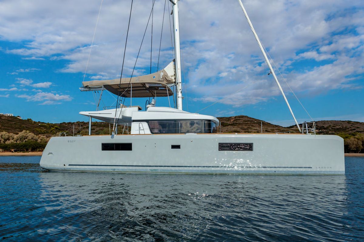 Exterior view of MADININA, a Lagoon 52F catamaran at Lavreotiki Municipal Unit, Greece