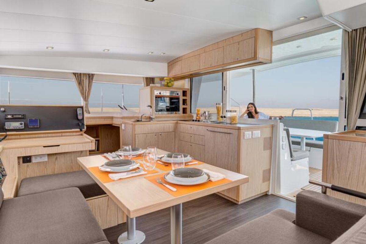 Salon of Mare Quiero, a Lagoon 400 S2 catamaran at Bodrum, Turkey
