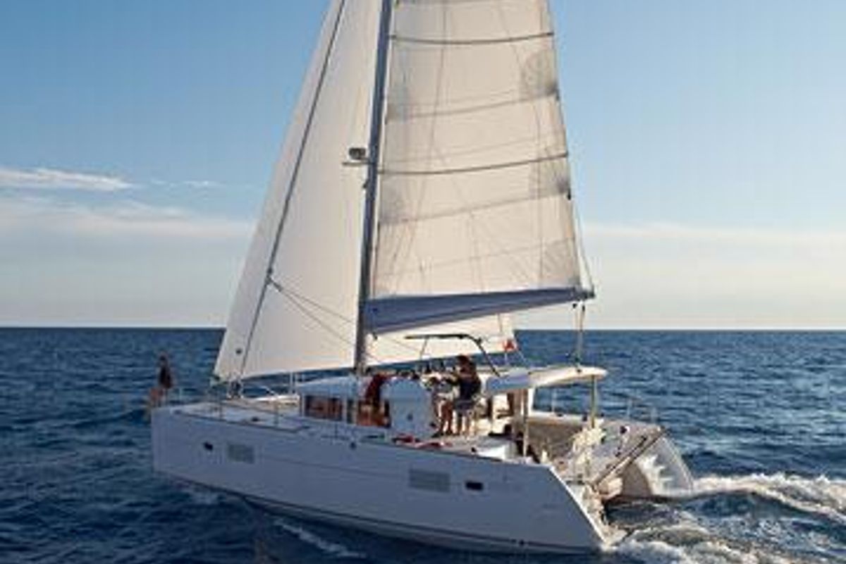 Exterior view of Mare Quiero, a Lagoon 400 S2 catamaran at Bodrum, Turkey