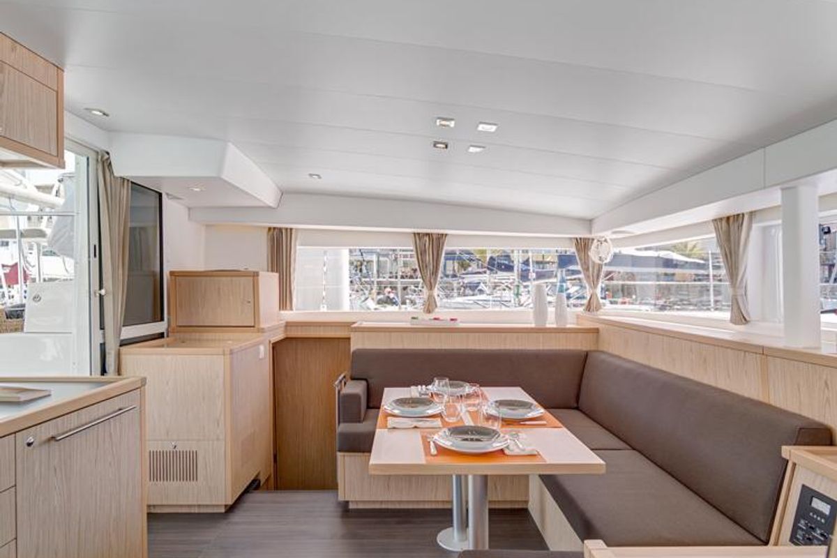 Salon of Mare Quiero, a Lagoon 400 S2 catamaran at Bodrum, Turkey