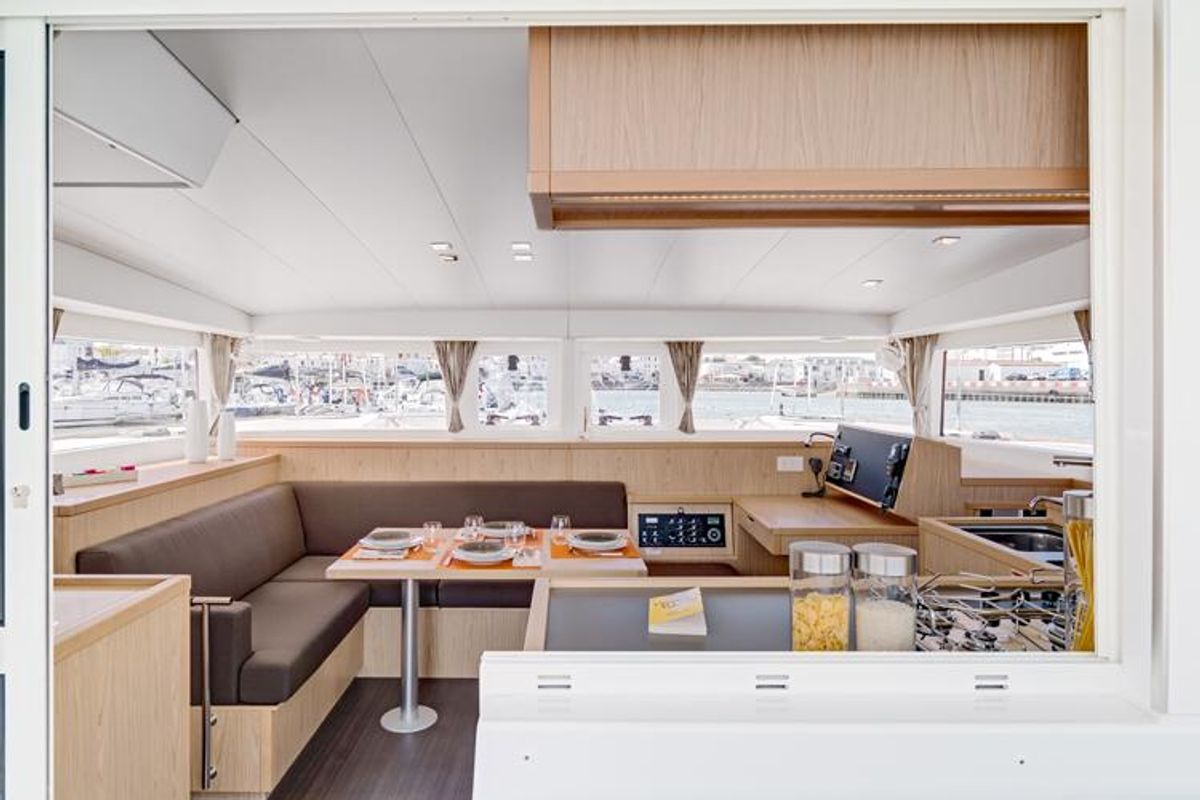 Salon of Mare Quiero, a Lagoon 400 S2 catamaran at Bodrum, Turkey