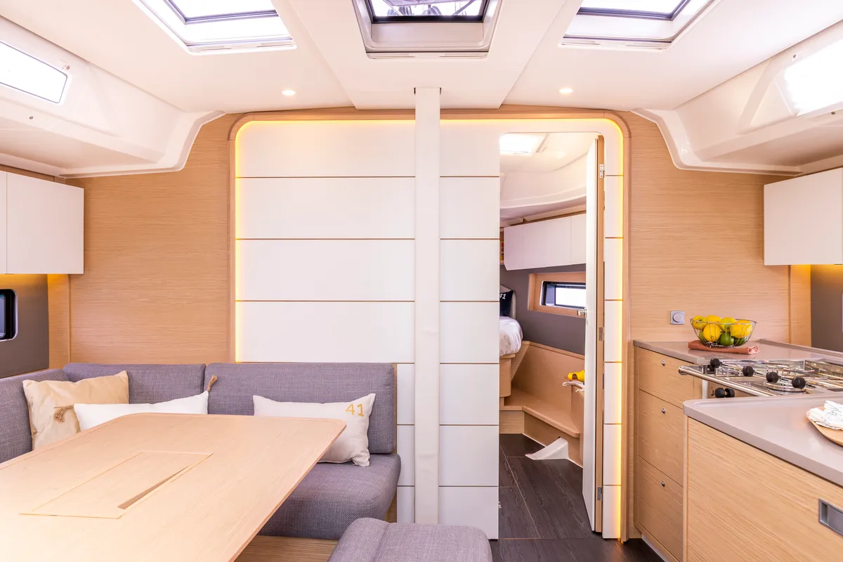 Salon of Sunsail 41.3 Premium Plus, a Dufour 41 sailboat at Municipal Unit of Lefkada, Greece