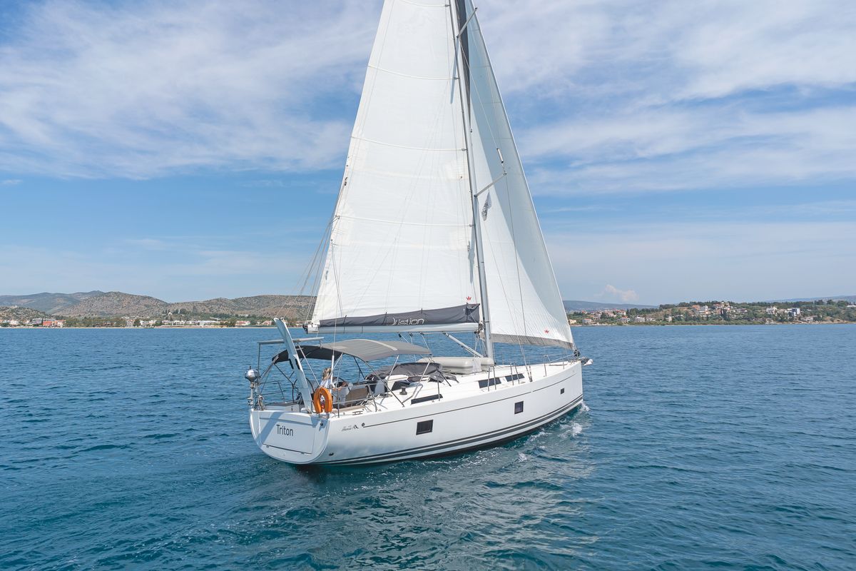 Exterior view of Triton, a Hanse Yachts Hanse 458 sailboat at Municipal Unit of Rhodes, Greece