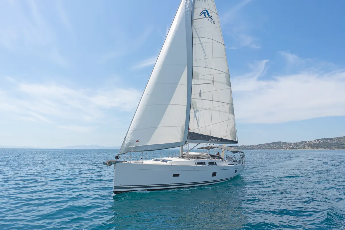 Exterior view of Triton, a Hanse Yachts Hanse 458 sailboat at Municipal Unit of Rhodes, Greece