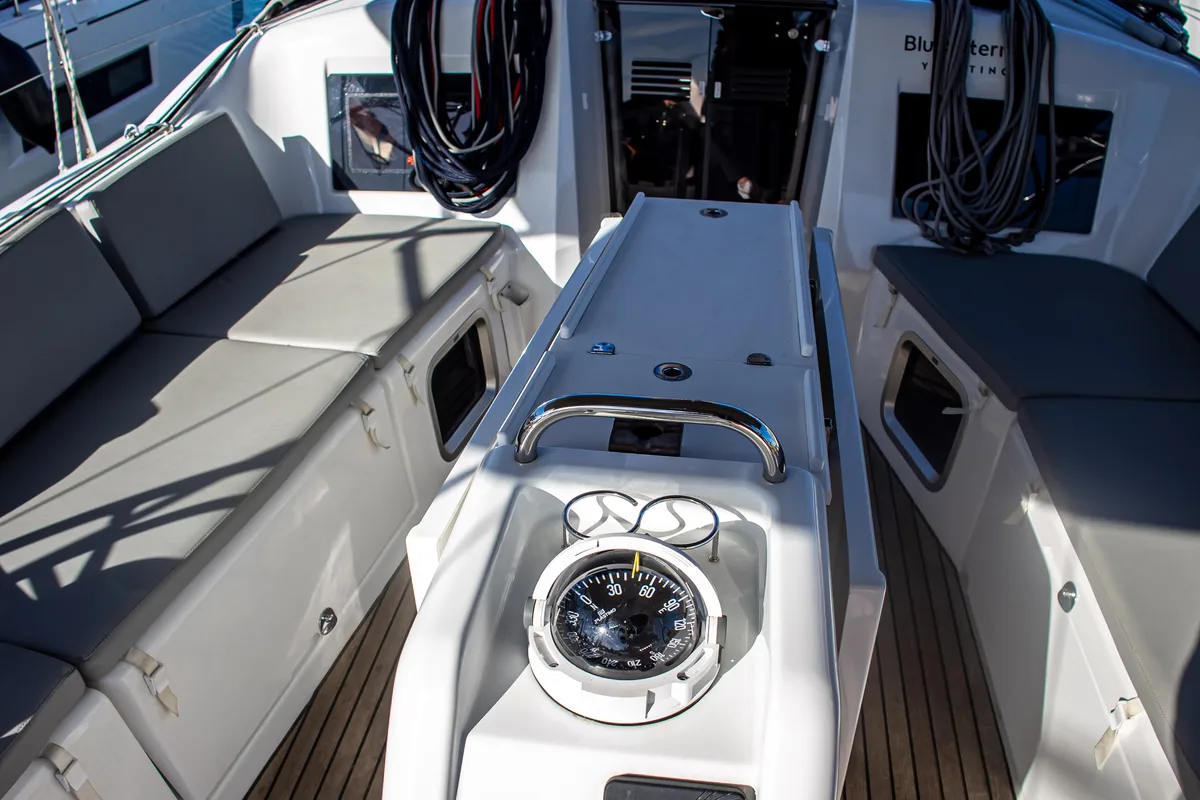 Cockpit of Psi Octantis, a Jeanneau Sun Odyssey 410 sailboat at Preveza, Greece