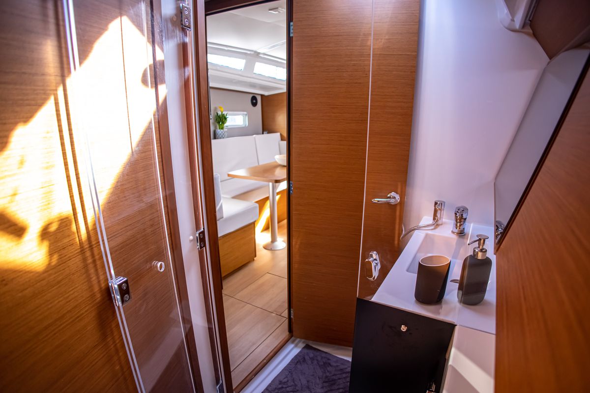 Head on Psi Octantis, a Jeanneau Sun Odyssey 410 sailboat at Preveza, Greece