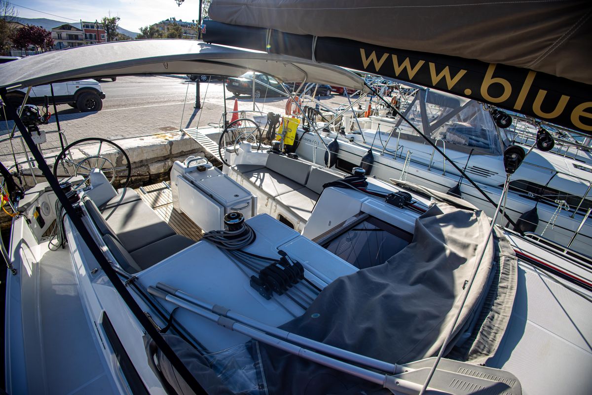 Deck of Psi Octantis, a Jeanneau Sun Odyssey 410 sailboat at Preveza, Greece
