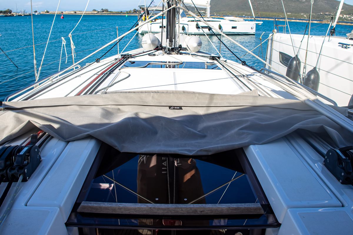 Deck of Psi Octantis, a Jeanneau Sun Odyssey 410 sailboat at Preveza, Greece