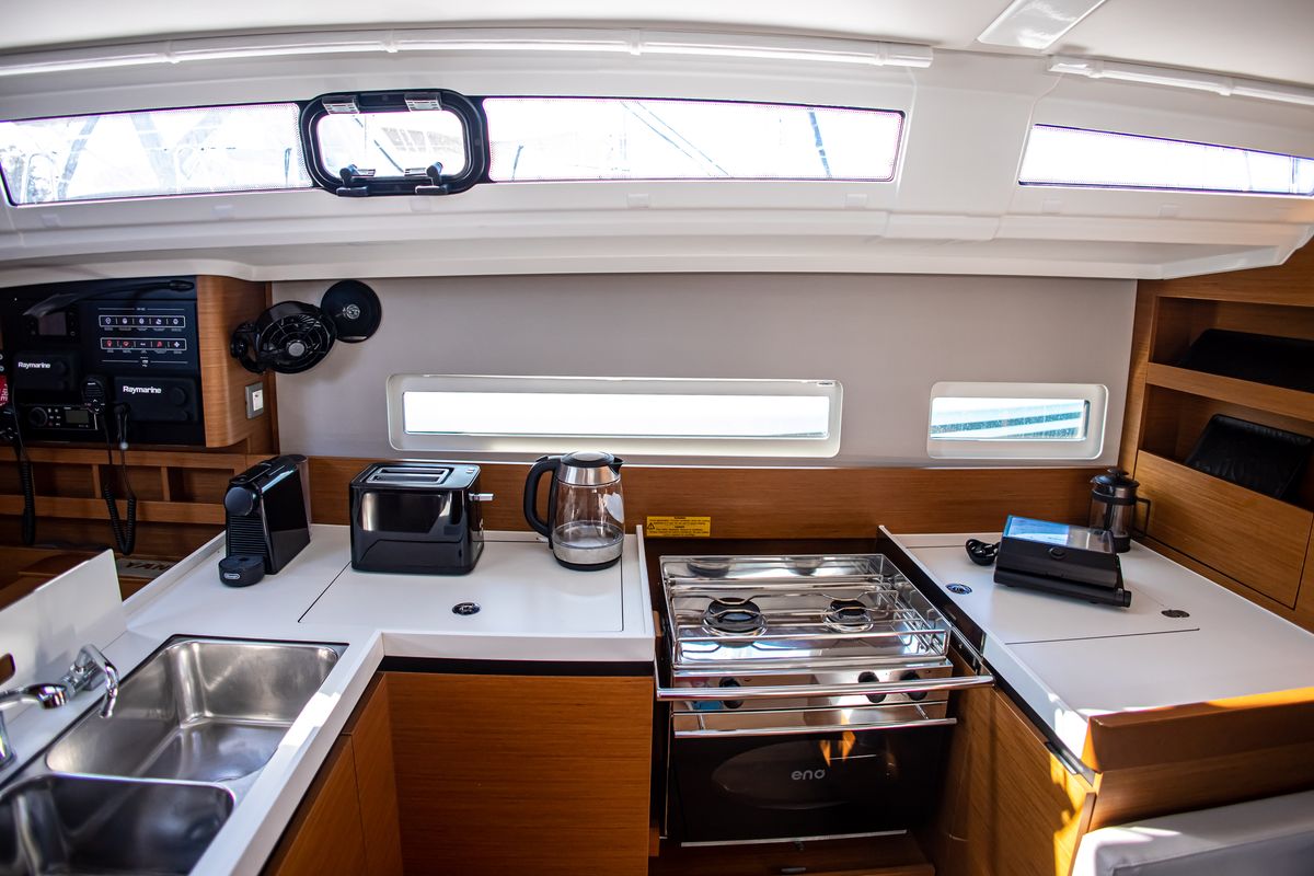 Galley of Psi Octantis, a Jeanneau Sun Odyssey 410 sailboat at Preveza, Greece