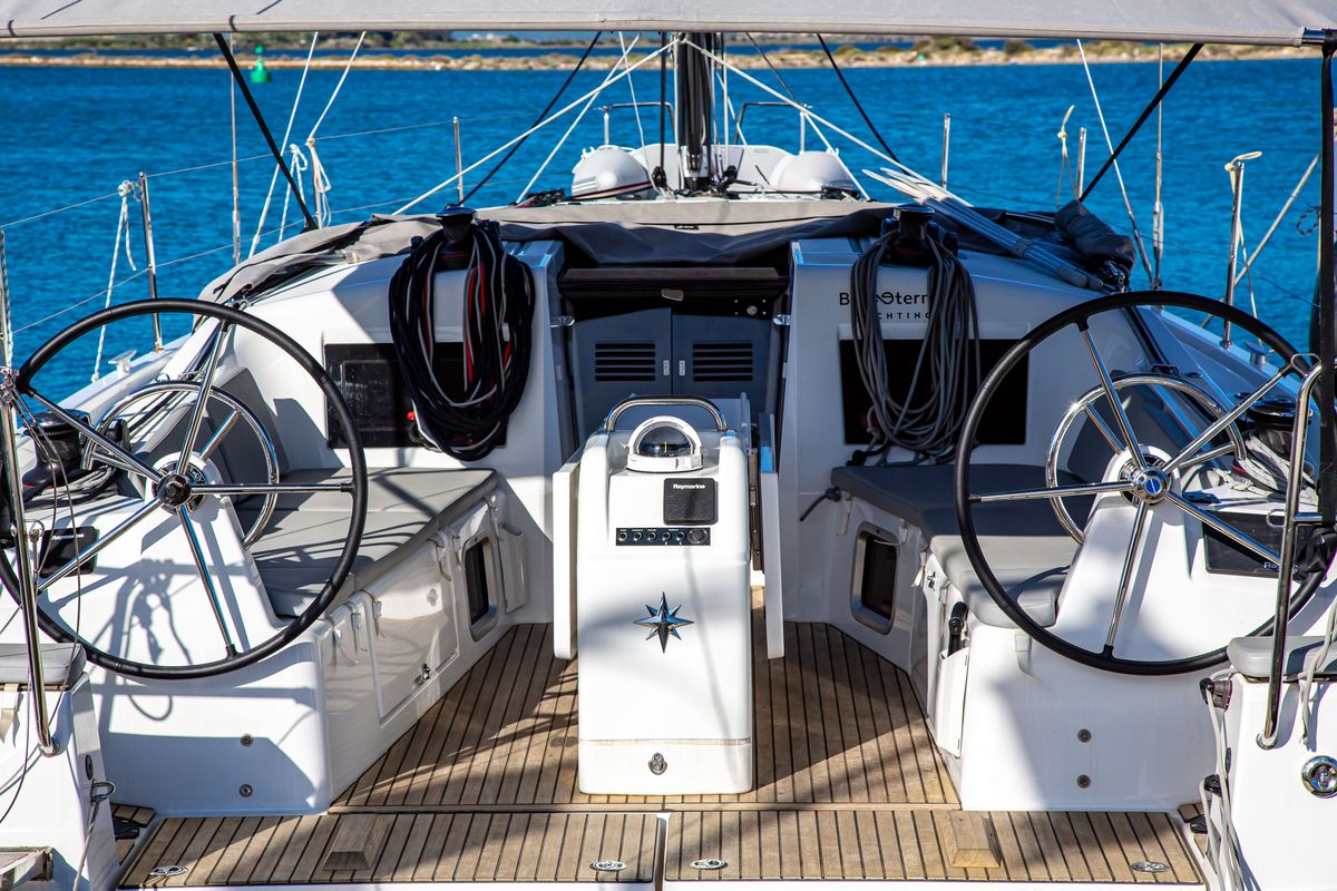 Cockpit of Psi Octantis, a Jeanneau Sun Odyssey 410 sailboat at Preveza, Greece