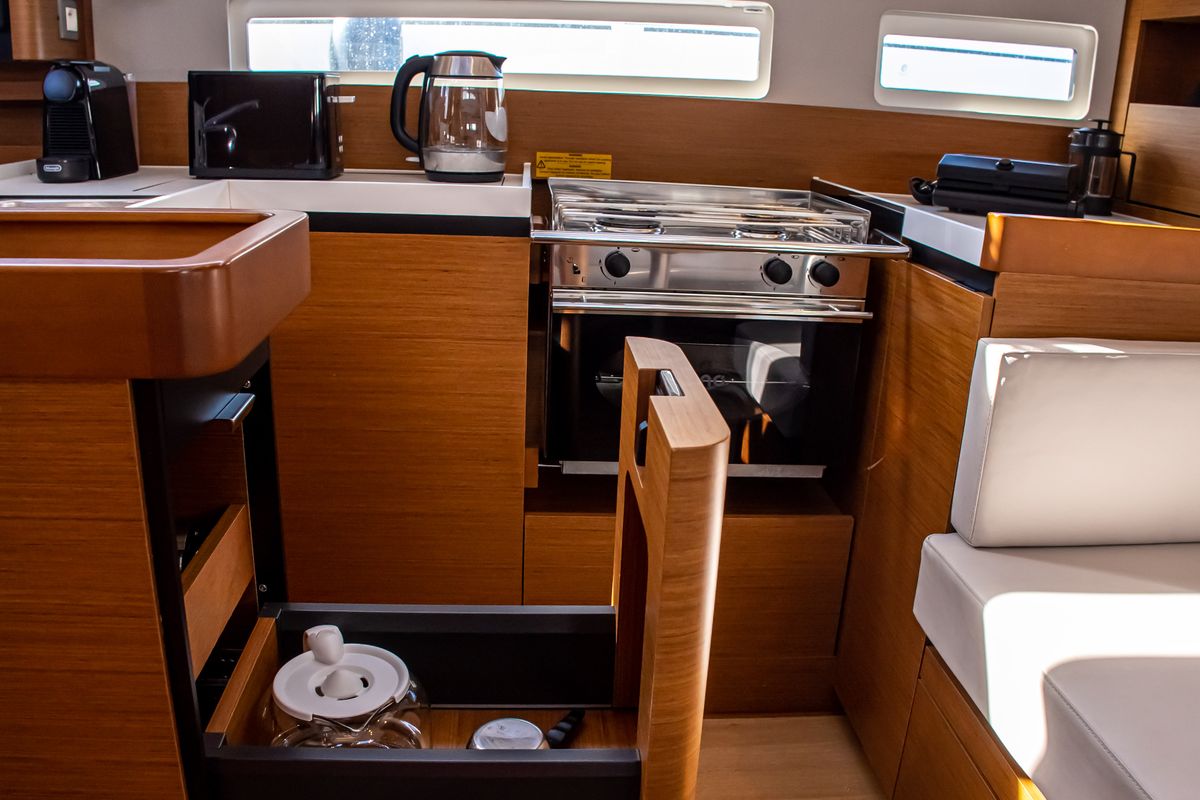 Galley of Psi Octantis, a Jeanneau Sun Odyssey 410 sailboat at Preveza, Greece