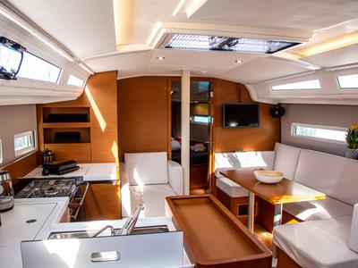 Salon of Psi Octantis, a Jeanneau Sun Odyssey 410 sailboat at Preveza, Greece