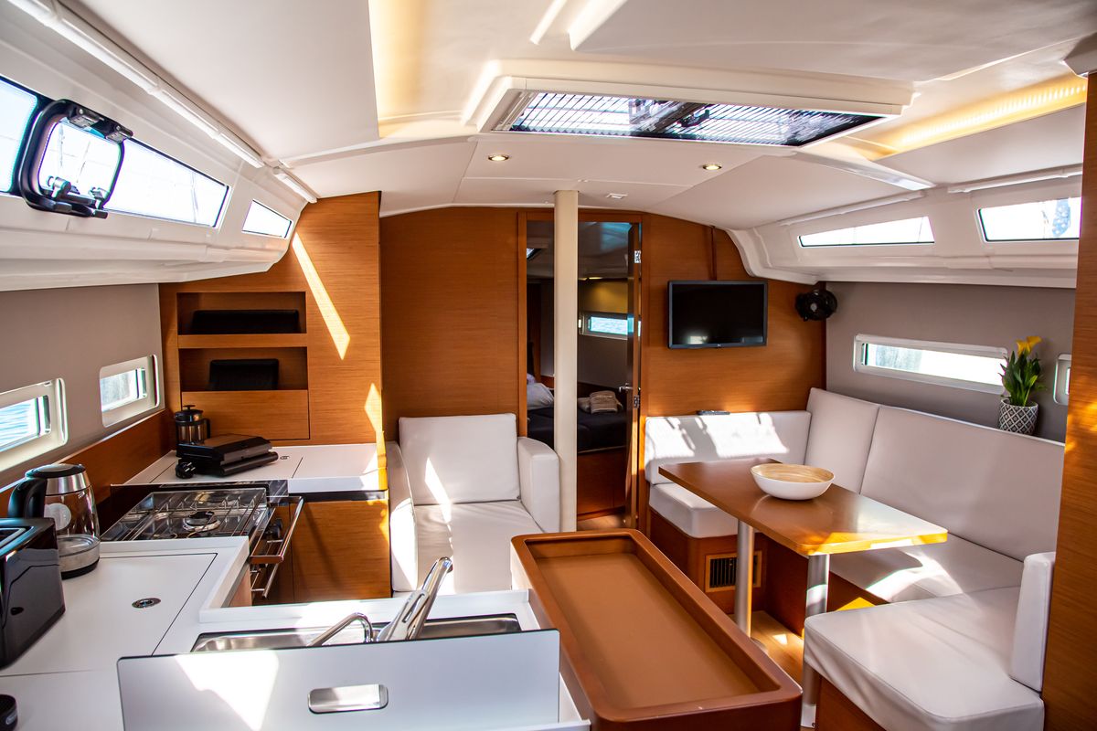 Salon of Psi Octantis, a Jeanneau Sun Odyssey 410 sailboat at Preveza, Greece