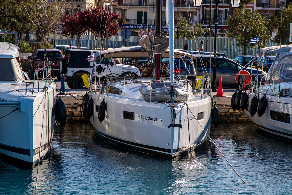 Exterior view of Psi Octantis, a Jeanneau Sun Odyssey 410 sailboat at Preveza, Greece