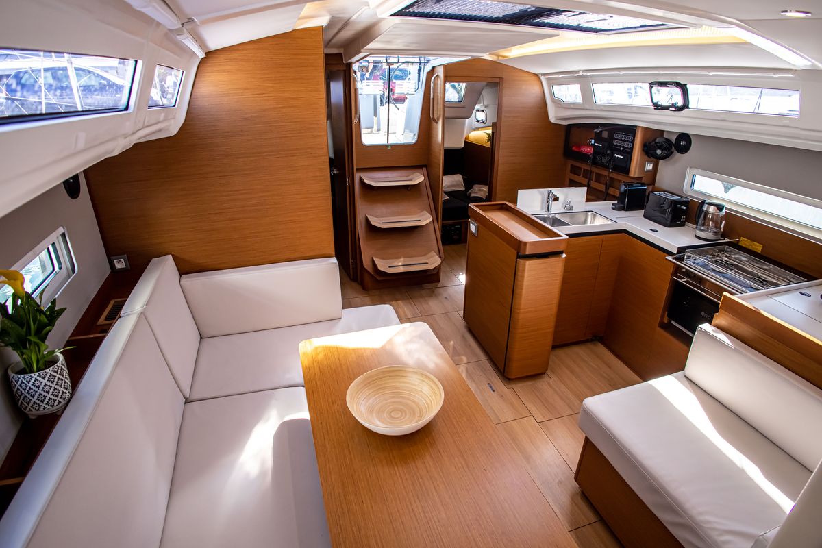 Salon of Psi Octantis, a Jeanneau Sun Odyssey 410 sailboat at Preveza, Greece