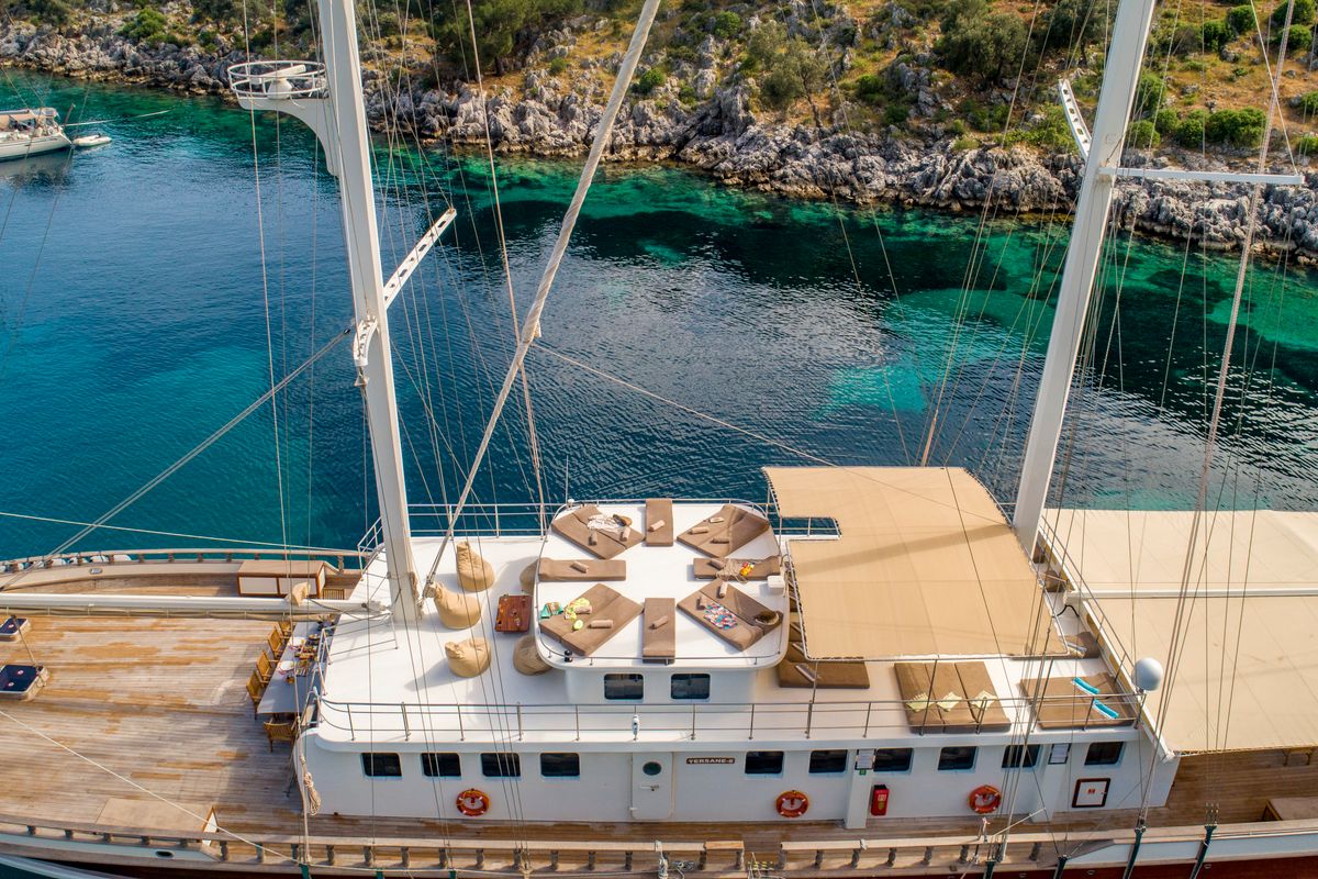 Deck of Tersane 8, a Gulet Gulet gulet at Fethiye, Turkey