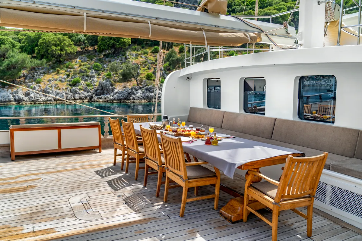 Deck of Tersane 8, a Gulet Gulet gulet at Fethiye, Turkey