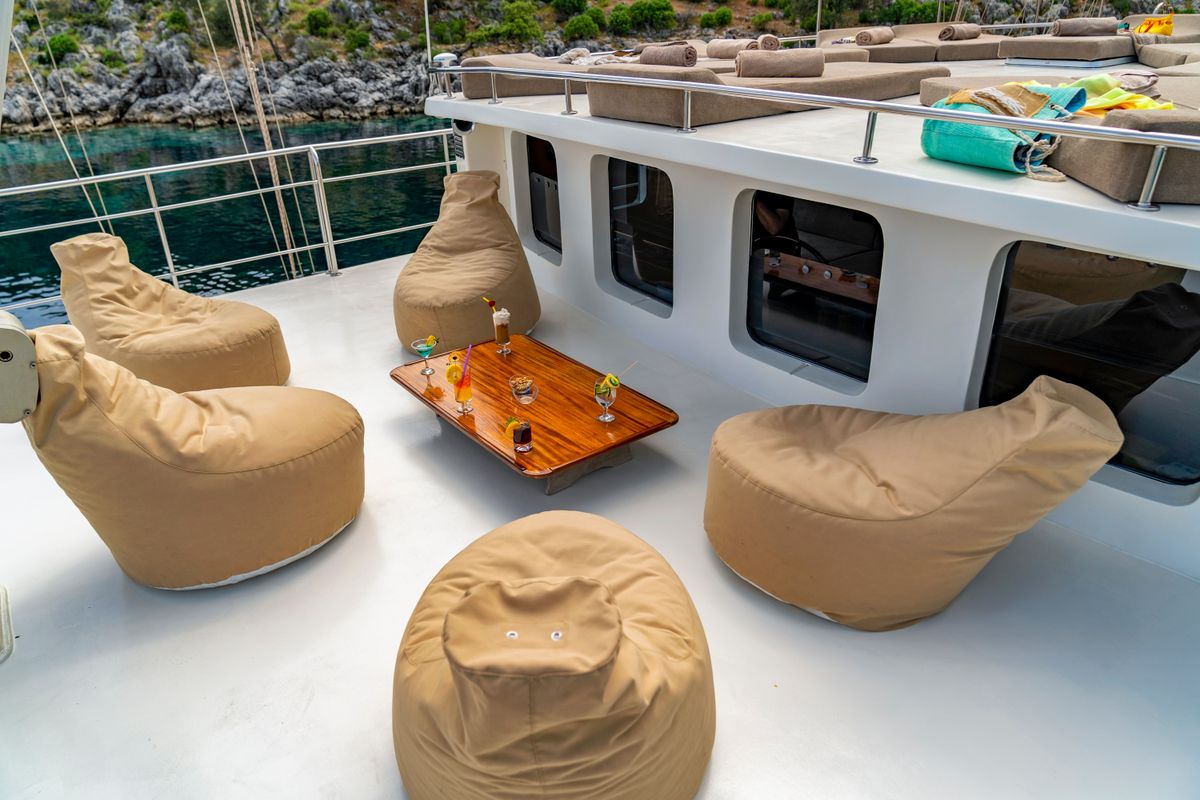 Deck of Tersane 8, a Gulet Gulet gulet at Fethiye, Turkey
