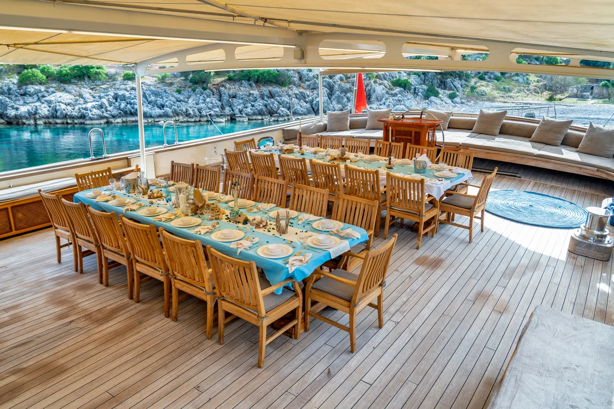 Deck of Tersane 8, a Gulet Gulet gulet at Fethiye, Turkey