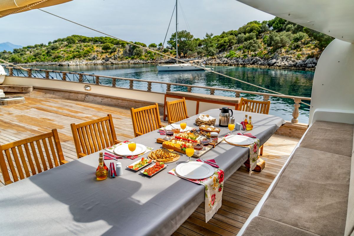 Deck of Tersane 8, a Gulet Gulet gulet at Fethiye, Turkey