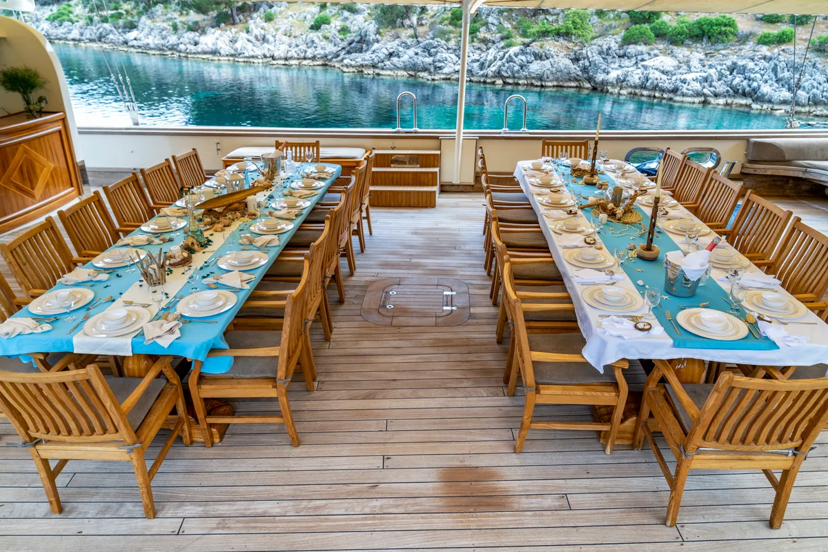 Deck of Tersane 8, a Gulet Gulet gulet at Fethiye, Turkey