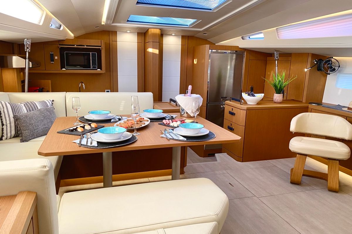 Salon of Euphoria, a Jeanneau 60 sailboat at Municipal Unit of Nea Peramos, Greece