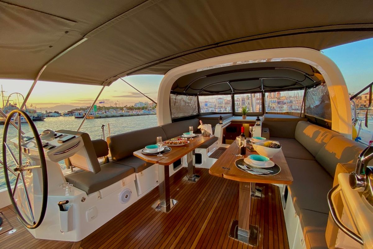 Deck of Euphoria, a Jeanneau 60 sailboat at Municipal Unit of Nea Peramos, Greece
