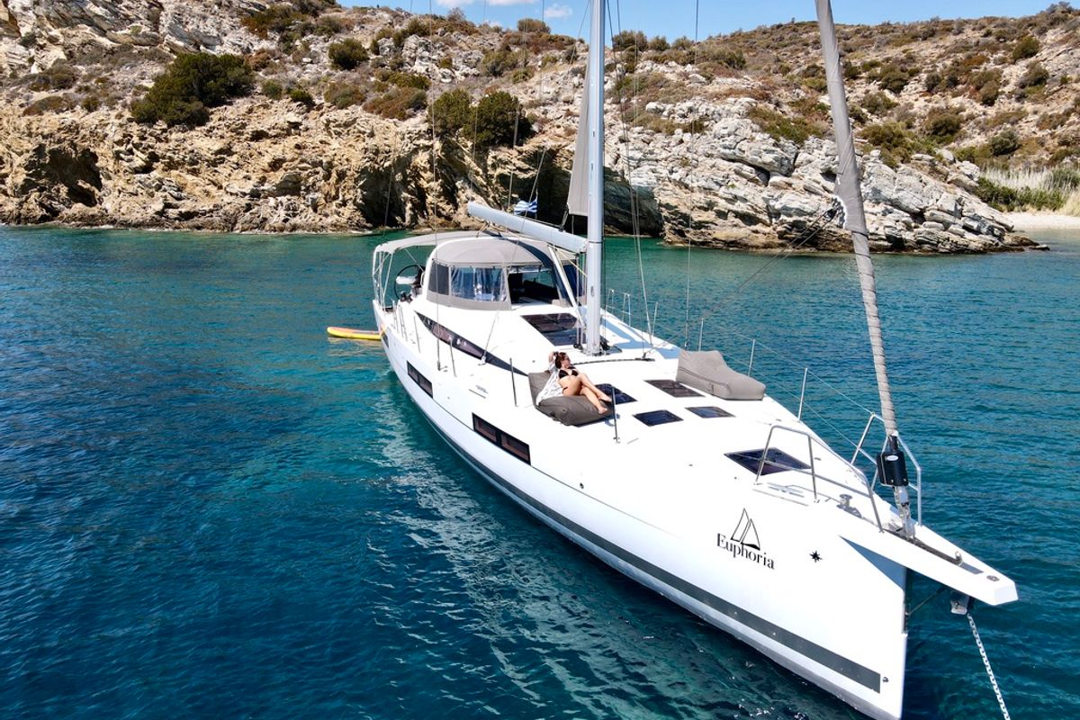 Exterior view of Euphoria, a Jeanneau 60 sailboat at Municipal Unit of Nea Peramos, Greece