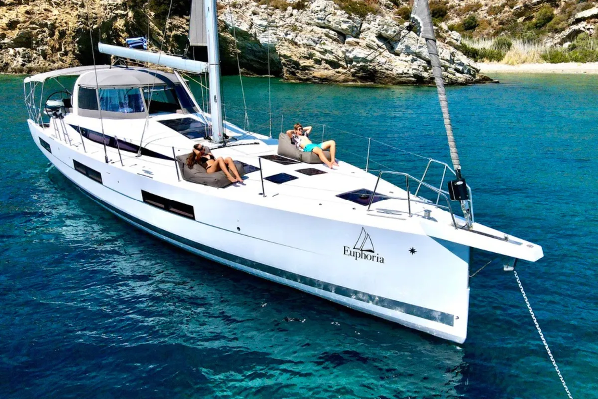 Exterior view of Euphoria, a Jeanneau 60 sailboat at Municipal Unit of Nea Peramos, Greece
