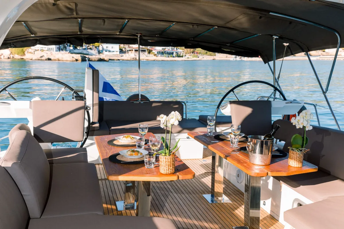 Deck of Euphoria, a Jeanneau 60 sailboat at Municipal Unit of Nea Peramos, Greece