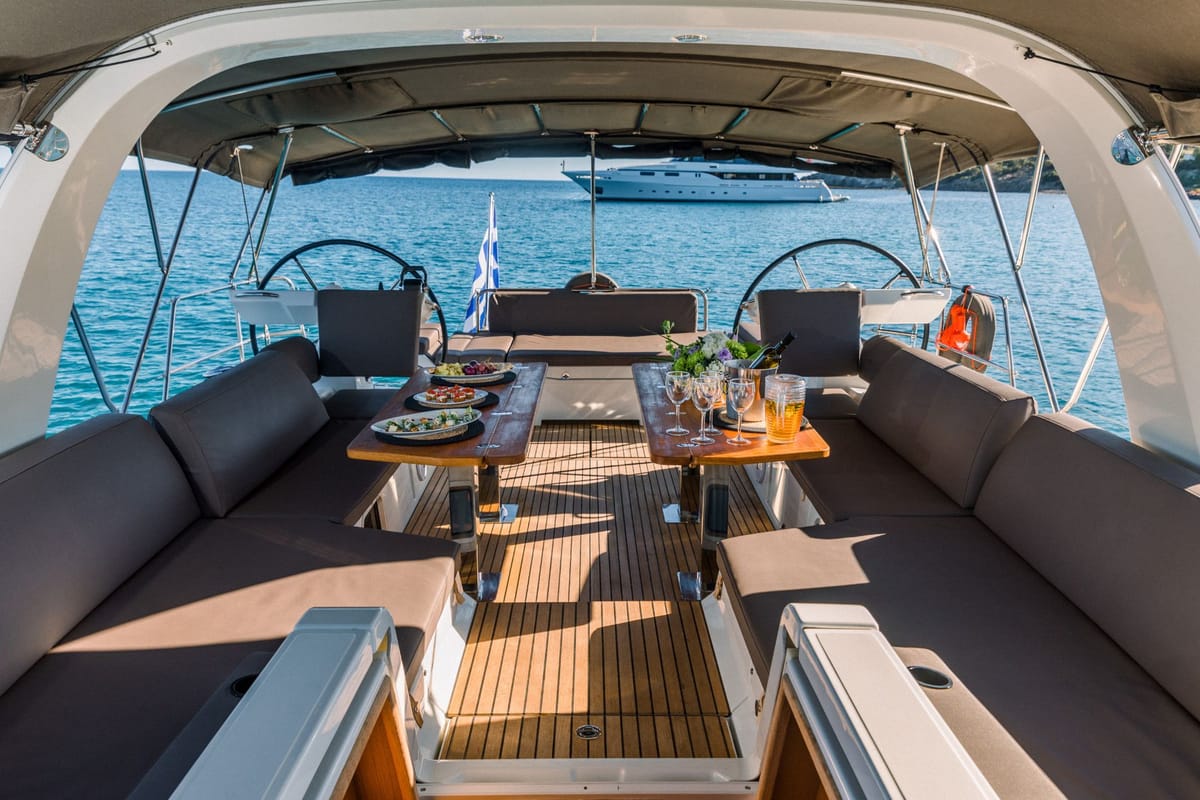 Deck of Euphoria, a Jeanneau 60 sailboat at Municipal Unit of Nea Peramos, Greece