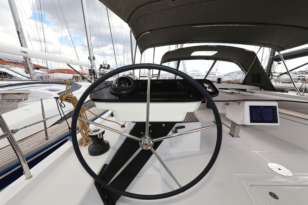Cockpit of Blue Wave, a Dufour 470 sailboat at Primošten, Croatia