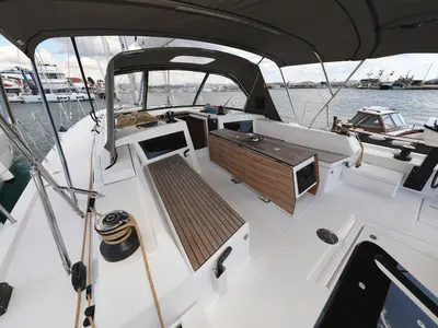 Deck of Blue Wave, a Dufour 470 sailboat at Primošten, Croatia