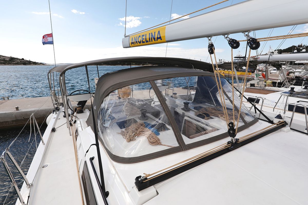 Deck of Blue Wave, a Dufour 470 sailboat at Primošten, Croatia