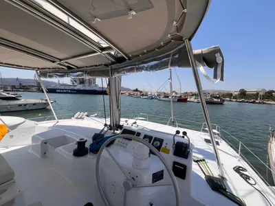 Cockpit of Wiseas, a Bali Catspace catamaran at Volos Municipality, Greece