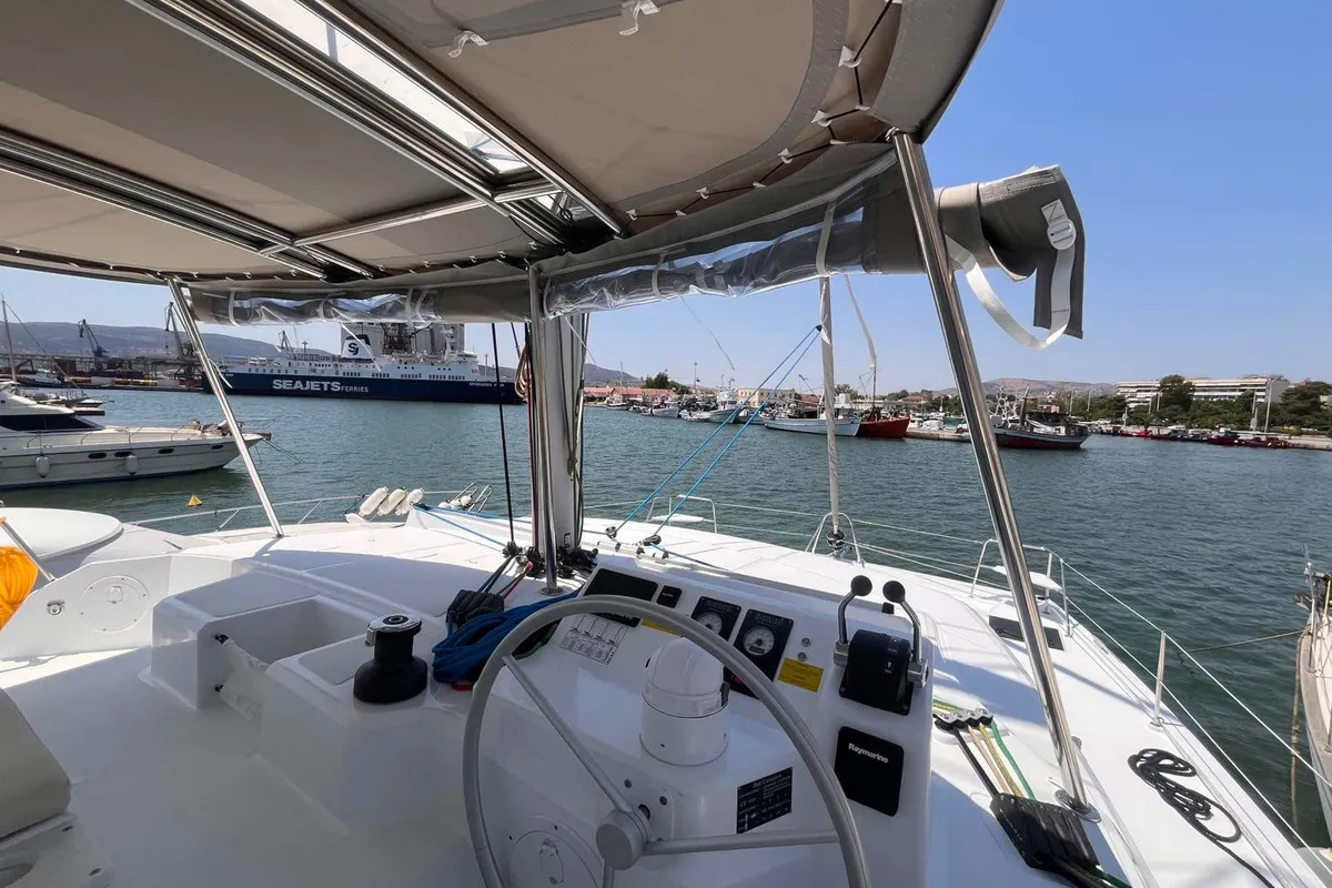 Cockpit of Wiseas, a Bali Catspace catamaran at Volos Municipality, Greece