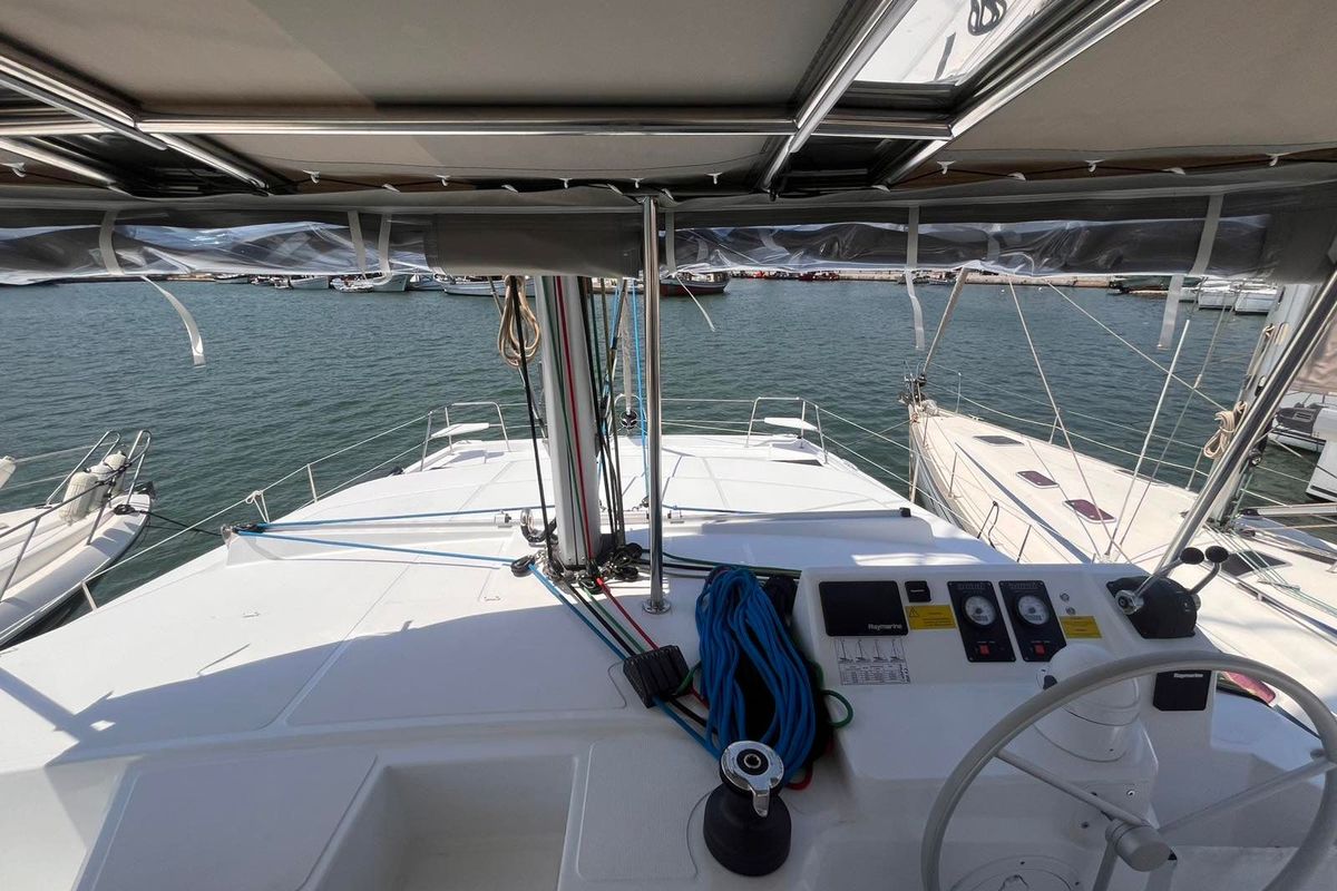 Cockpit of Wiseas, a Bali Catspace catamaran at Volos Municipality, Greece