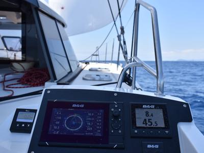 Cockpit of ORION, a Nautitech 40 Open catamaran at Grad Pula, Croatia