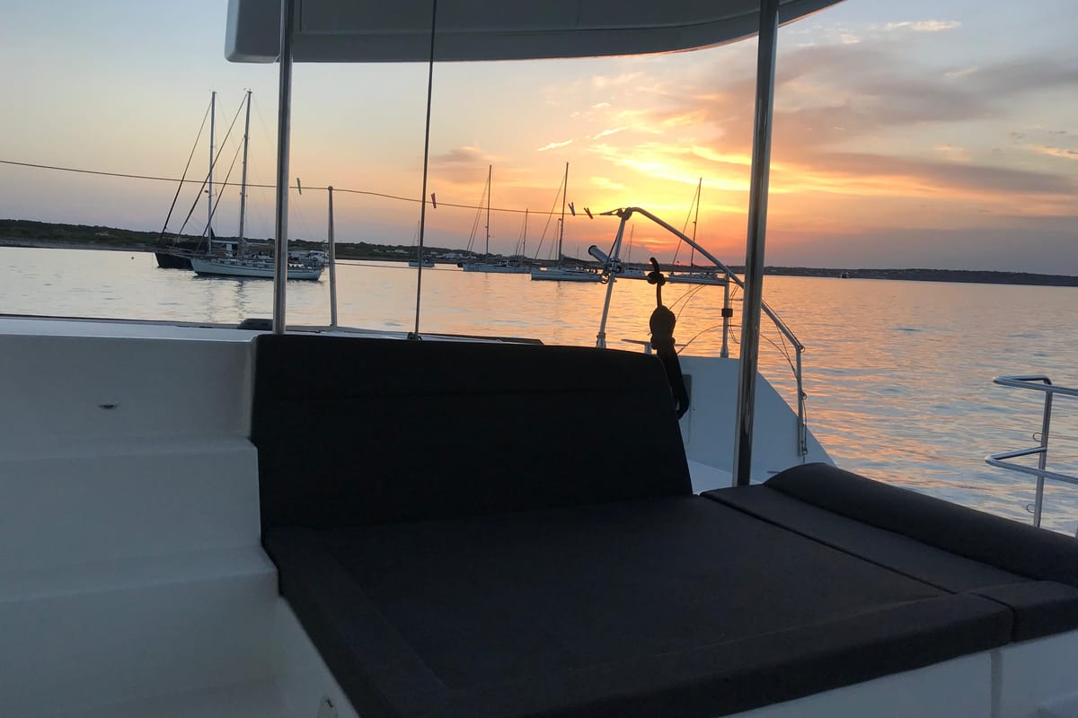 Deck of Martina Tres, a Lagoon 450 Fly catamaran at Sant Antoni de Portmany, Spain