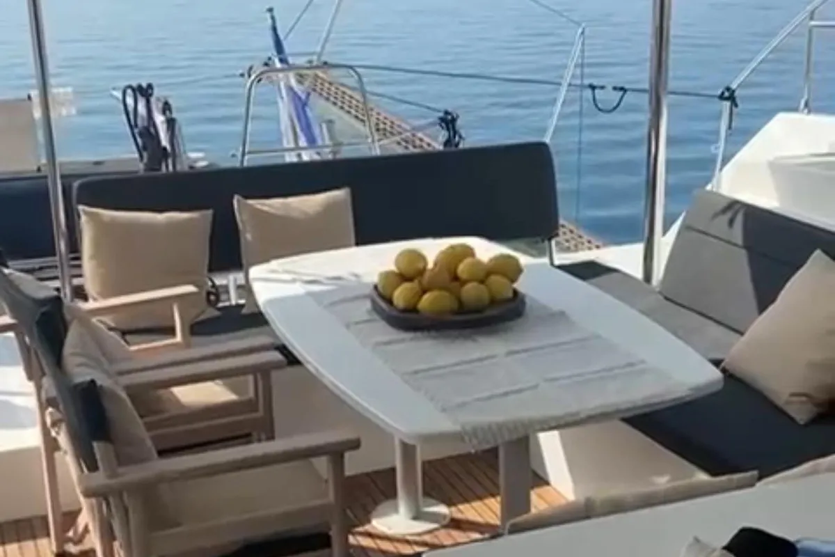 Deck of Martina Tres, a Lagoon 450 Fly catamaran at Sant Antoni de Portmany, Spain