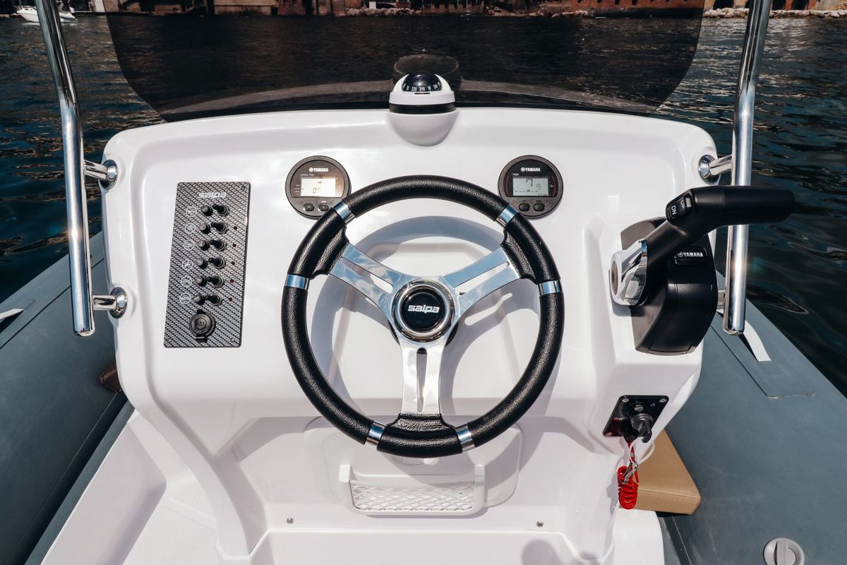 Cockpit of Salpa, a Salpa Soleil 18 motorboat at Grad Vodice, Croatia