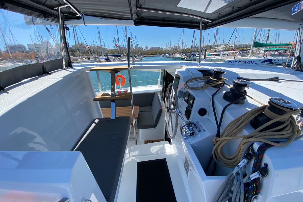 Cockpit of Foutaine Pajot Isla 40, a Fountaine Pajot Isla 40 catamaran at Portimão, Portugal