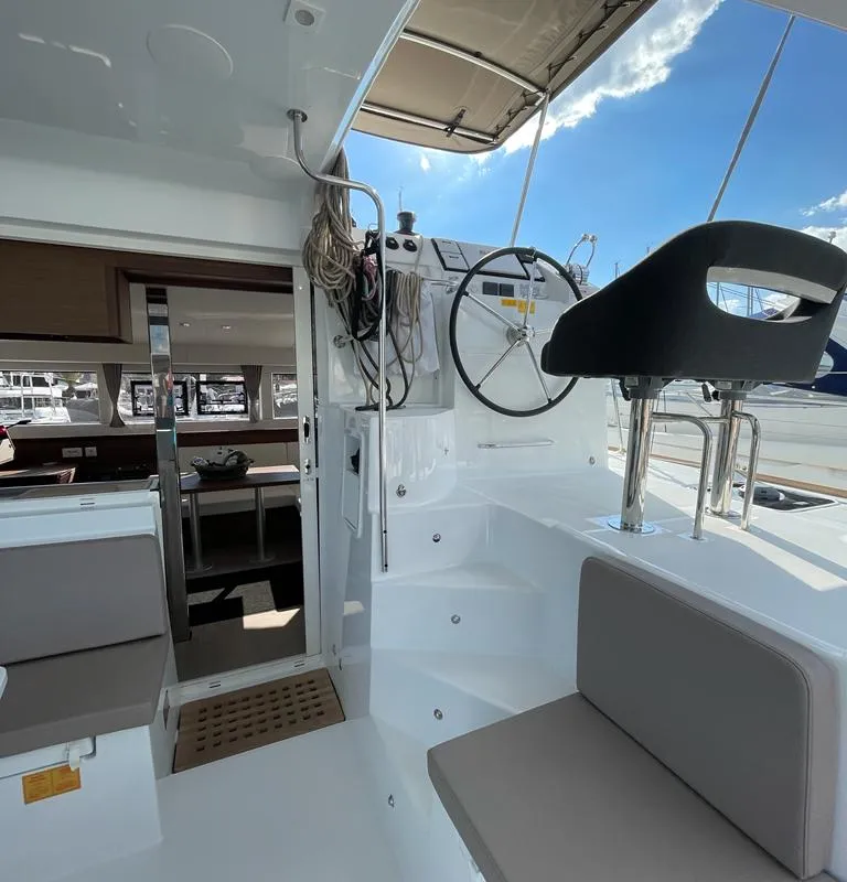 Cockpit of Fratelli, a Lagoon 40 catamaran at Kontokali, Greece