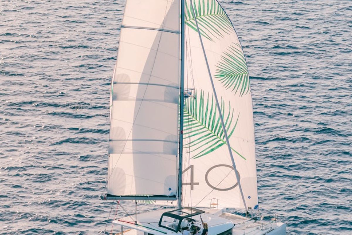 Exterior view of Fratelli, a Lagoon 40 catamaran at Kontokali, Greece