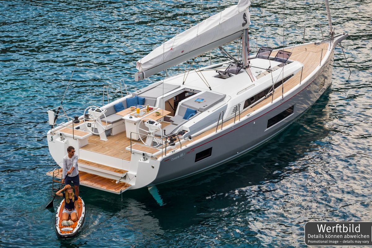 Exterior view of Paula, a Beneteau Oceanis 46.1 sailboat at Palma de Mallorca, Spain