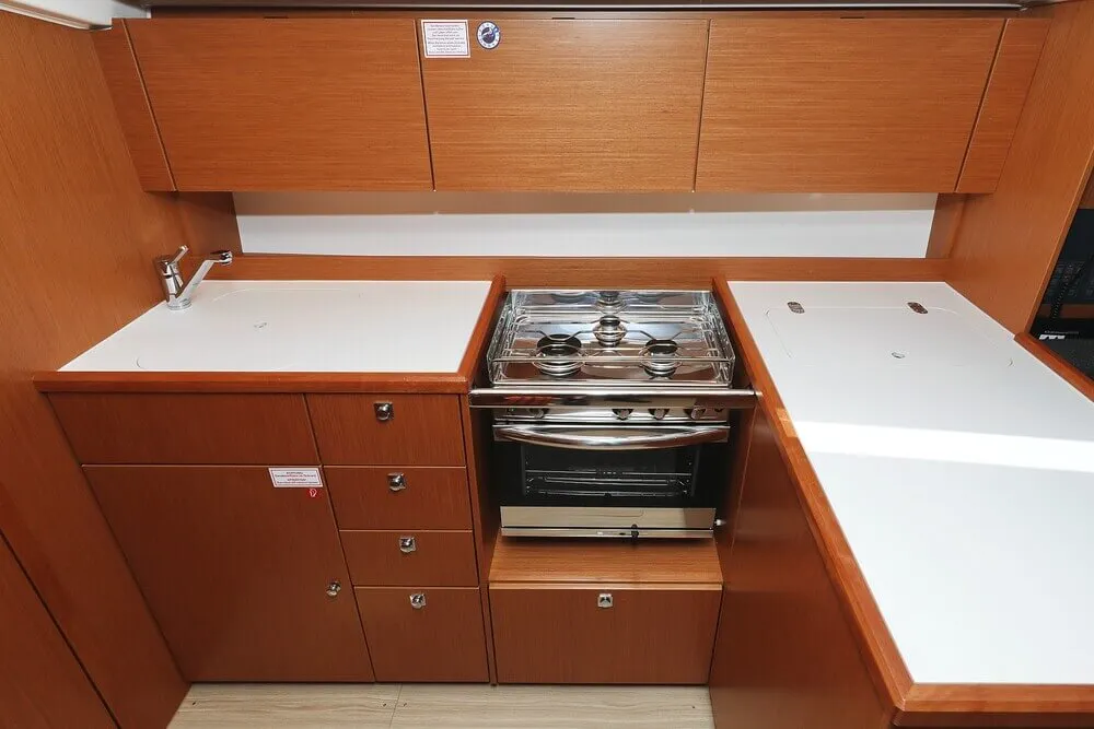 Galley of Blue Note, a Bavaria C38 sailboat at Grad Biograd na Moru, Croatia