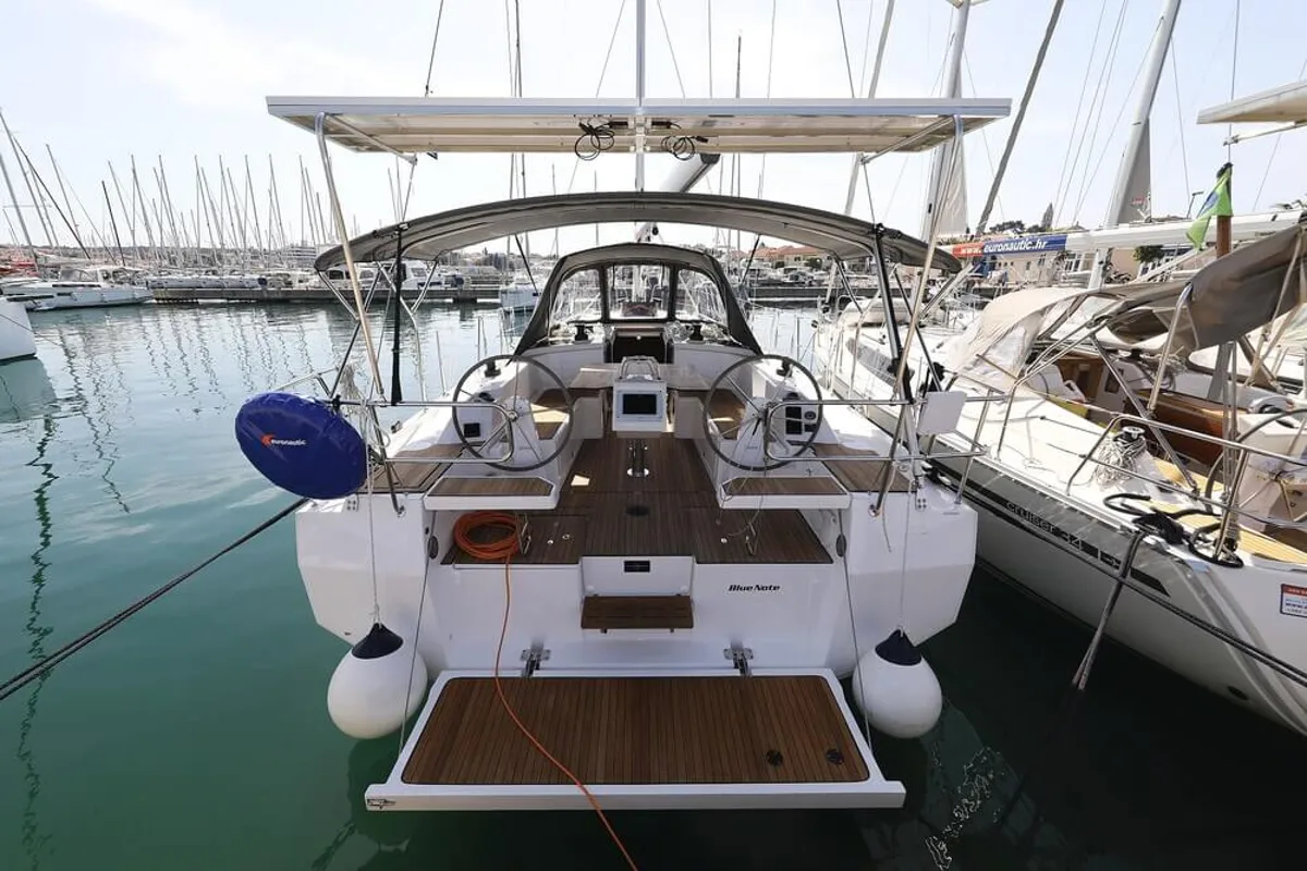 Exterior view of Blue Note, a Bavaria C38 sailboat at Grad Biograd na Moru, Croatia