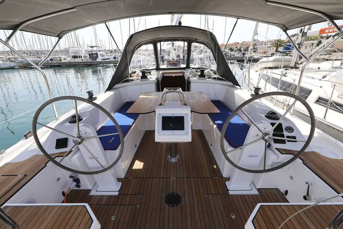 Cockpit of Blue Note, a Bavaria C38 sailboat at Grad Biograd na Moru, Croatia