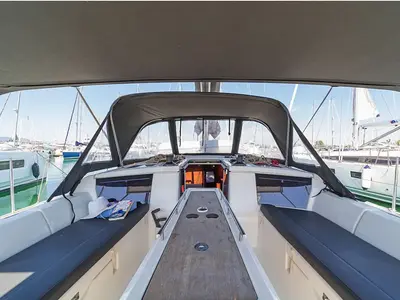 Deck of Ocean Whisper, a Dufour 430 sailboat at Port of Avdira, Greece