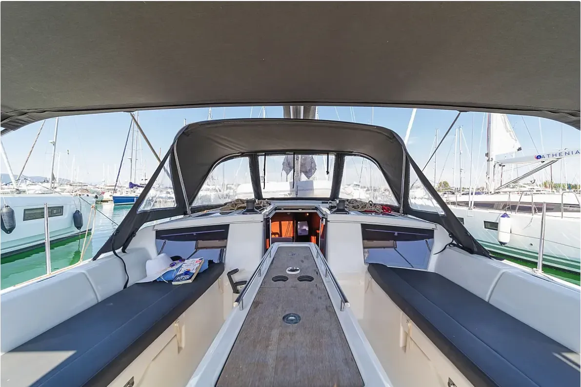 Deck of Ocean Whisper, a Dufour 430 sailboat at Port of Avdira, Greece